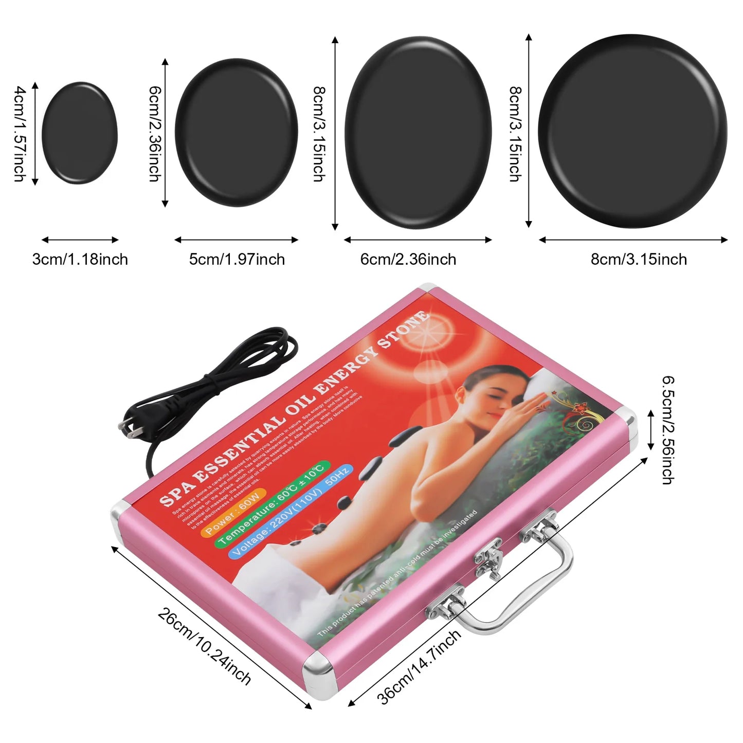 20 Pcs Hot Stones Massage Set with Heater Box 220V Basalt Massage Stones for Salon and Home Spa Use