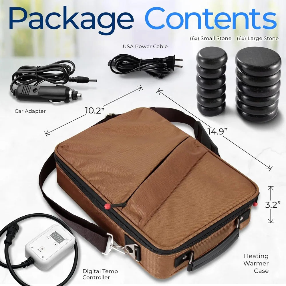 Portable Massage Stone Warmer Set - Electric Spa Hot Stones Massager and Heater Kit with 6 Large Back Massagers