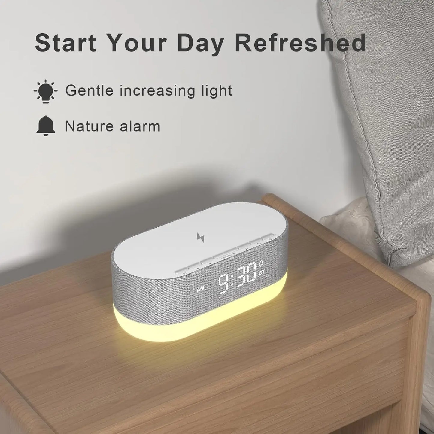 3-in-1 Sound Machine Alarm Clock with Wireless Charger: White Noise, Bluetooth Music & Custom Sleep-Wake Routine