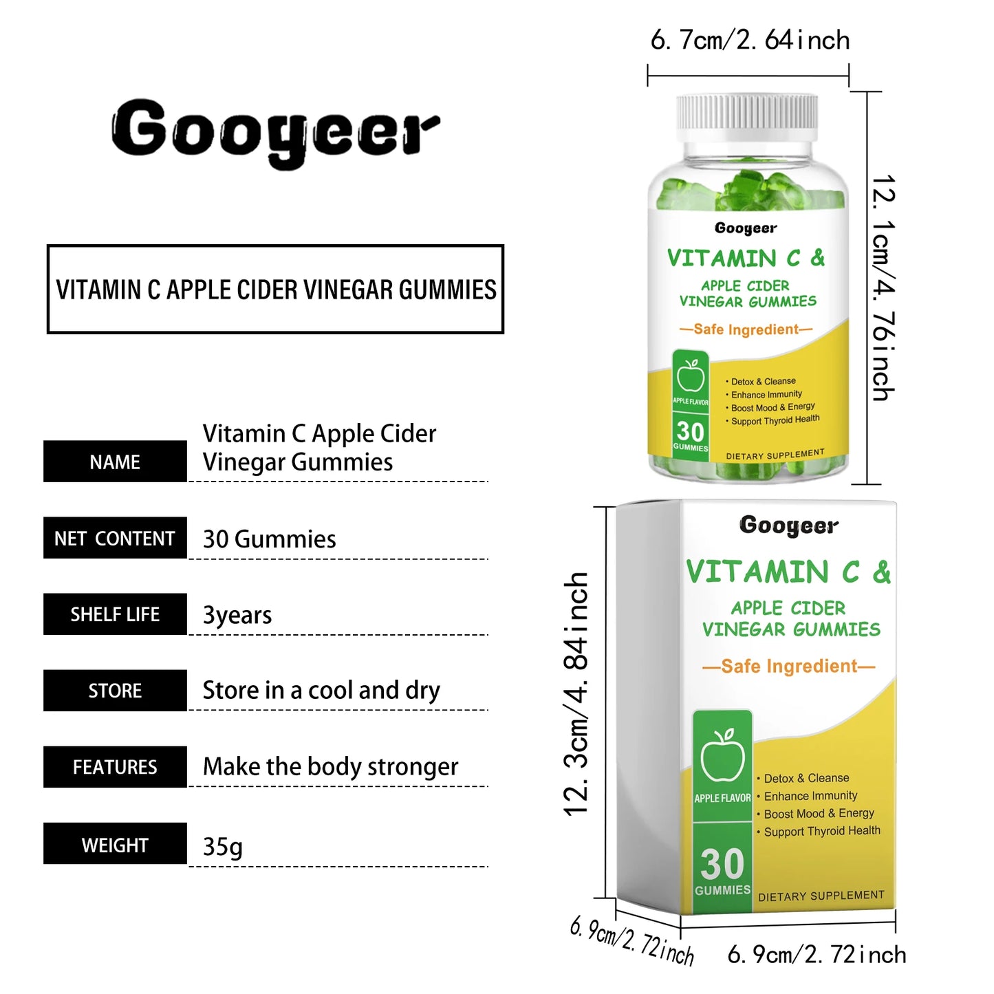 Googeer 30pc Vitamin C Apple Cider Vinegar Gummies Dietary Supplement Immunity Digestion Boost Reduce Fat Detox Entrance Gummies