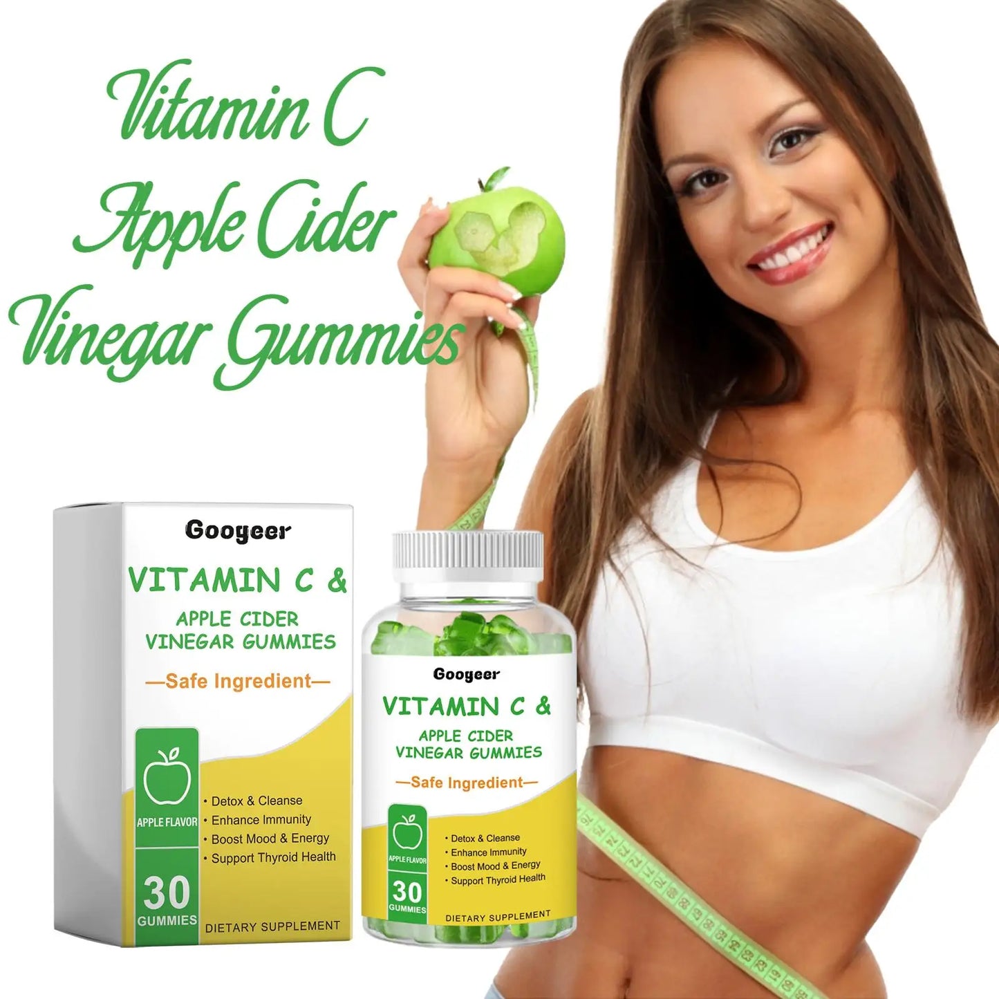 Googeer 30pc Vitamin C Apple Cider Vinegar Gummies Dietary Supplement Immunity Digestion Boost Reduce Fat Detox Entrance Gummies