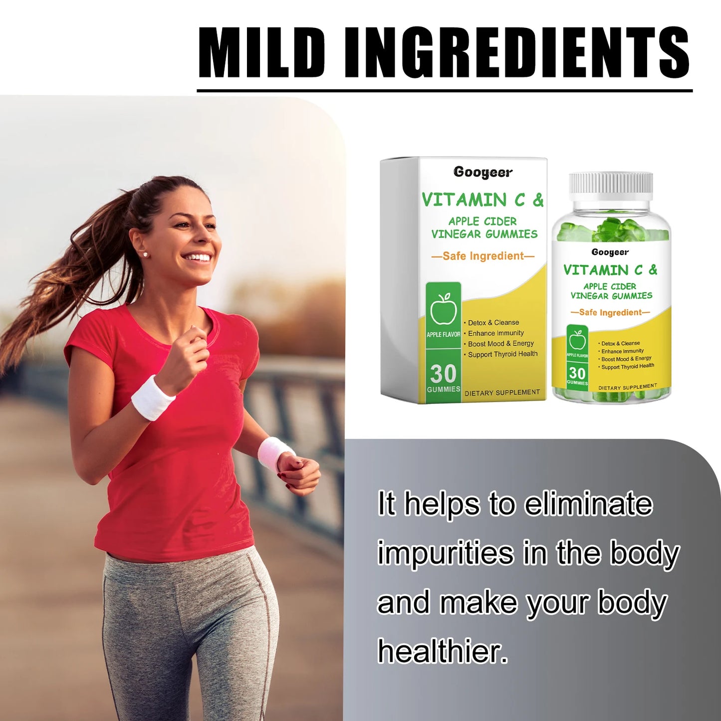 Googeer 30pc Vitamin C Apple Cider Vinegar Gummies Dietary Supplement Immunity Digestion Boost Reduce Fat Detox Entrance Gummies