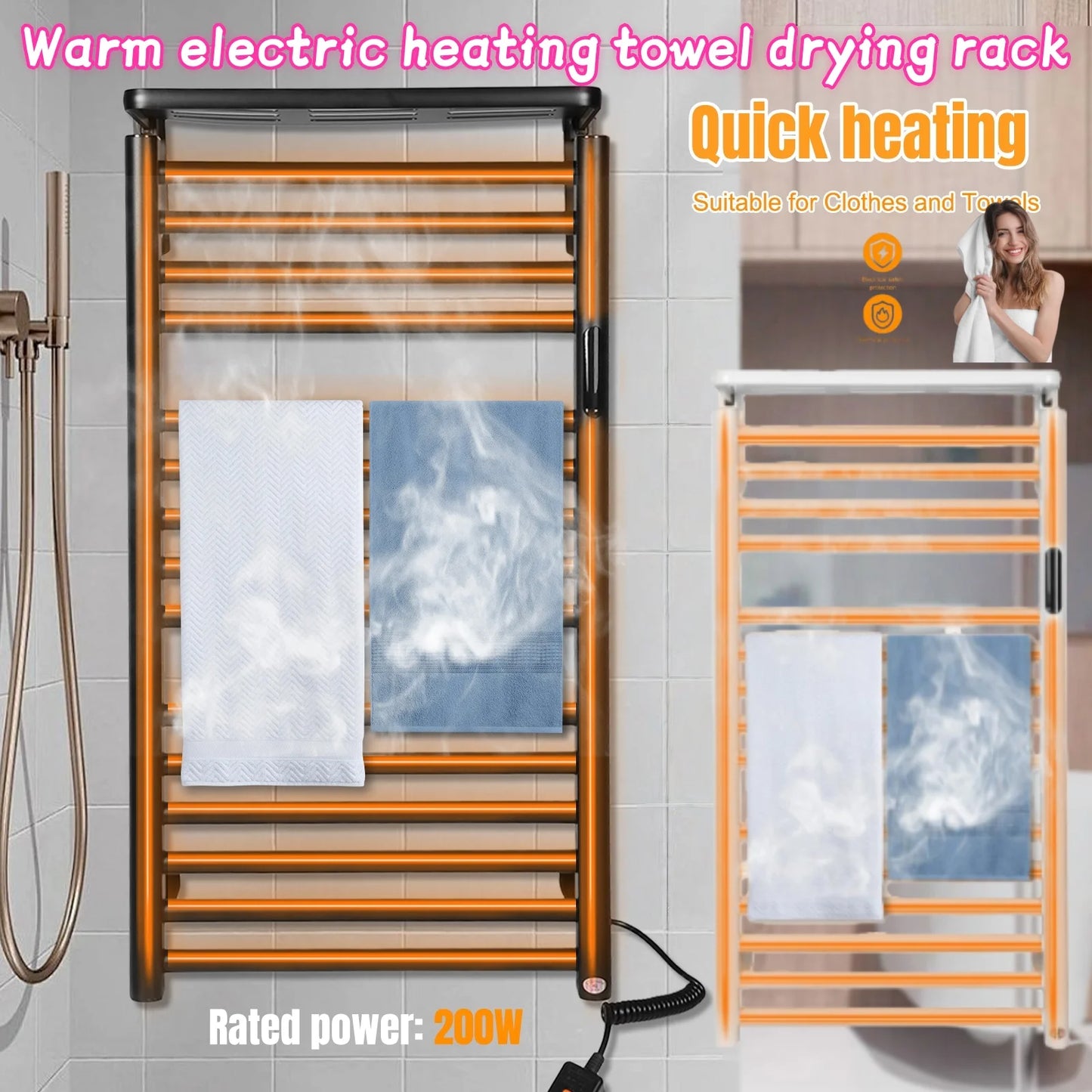Bathroom Electric Heated Towel Rack with Digital Display Touch Thermostatic Dry Towel 200W Stainless Steel Heater Waterproof and