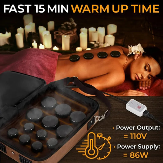 Portable Massage Stone Warmer Set - Electric Spa Hot Stones Massager and Heater Kit with 6 Large Back Massagers