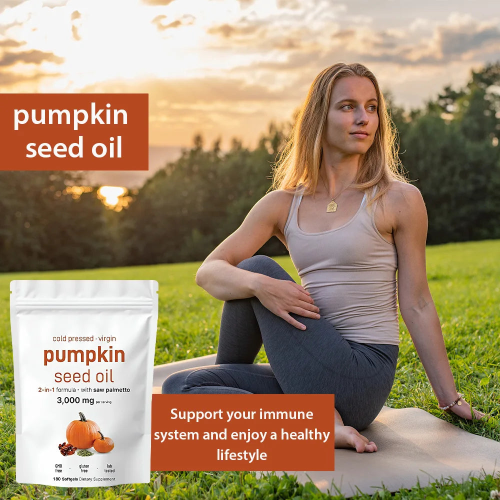 Pumpkin Seed Oil with Saw Palmetto, Cold Pressed, Pure Virgin Oil, Essential Fatty Acids, & Phytosterols，Non-GMO
