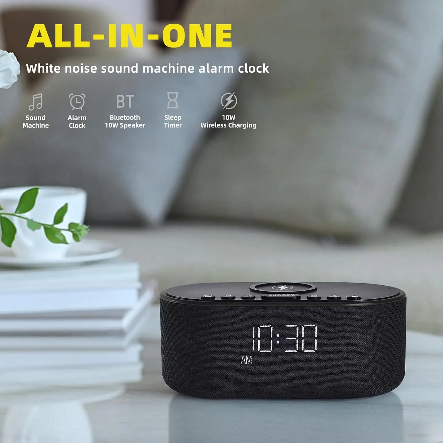 Bluetooth Alarm Clock with Wireless Charging: White Noise Machine for Sleep, 21 Soothing Sounds, 10W Stereo Speaker - Black