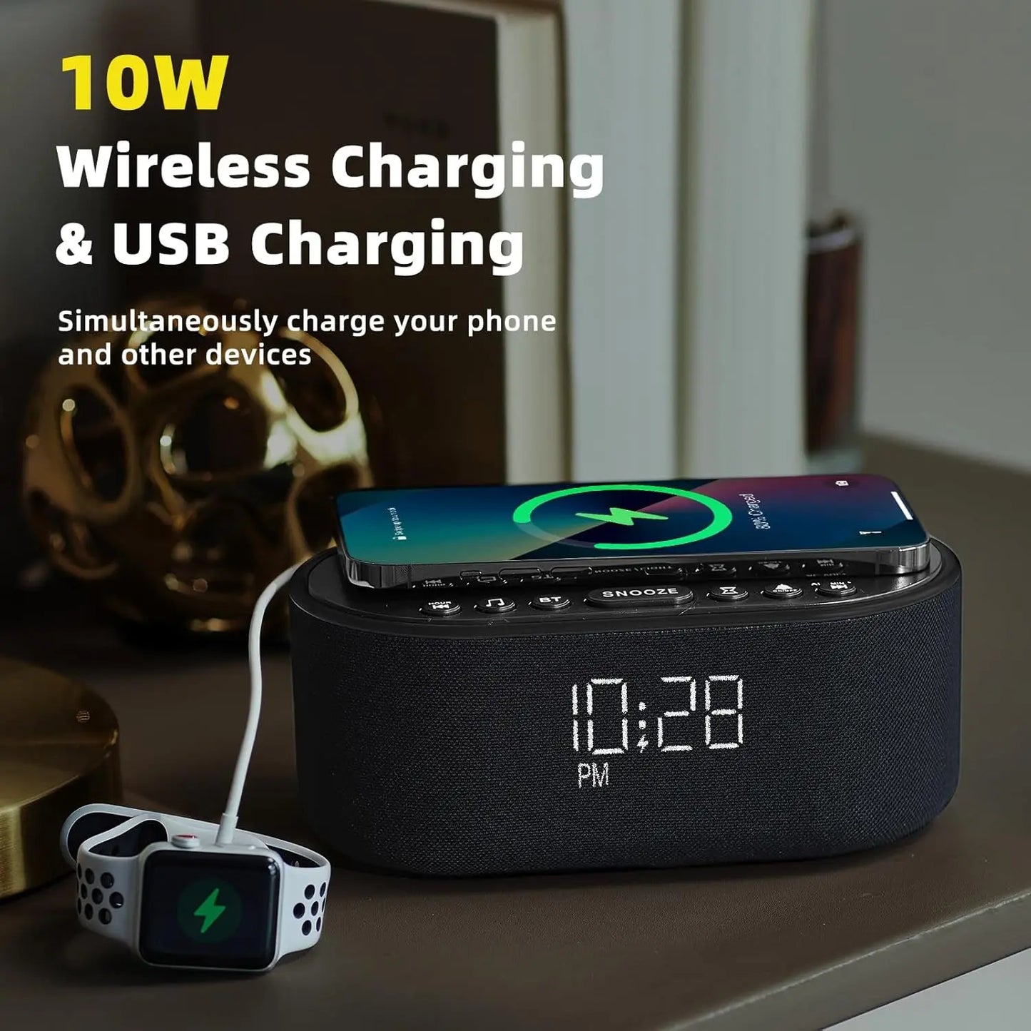 Bluetooth Alarm Clock with Wireless Charging: White Noise Machine for Sleep, 21 Soothing Sounds, 10W Stereo Speaker - Black