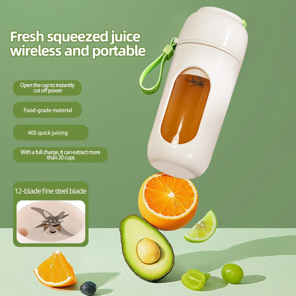 Portable mini juicer, 12 ounce capacity (340ml) easy to clean, USB charging, suitable for camping, fitness, and home use