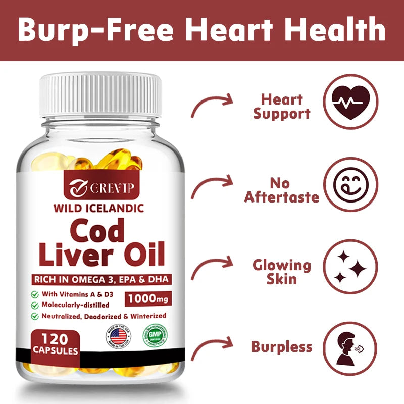 Cod Liver Oil - with Omega 3 EPA/DHA - for Heart Joint Brain & Immune Support - 120 Capsules