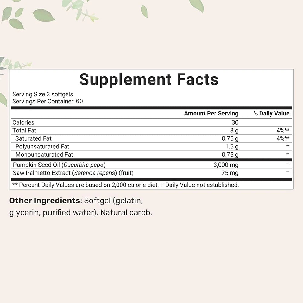 Pumpkin Seed Oil with Saw Palmetto, Cold Pressed, Pure Virgin Oil, Essential Fatty Acids, & Phytosterols，Non-GMO