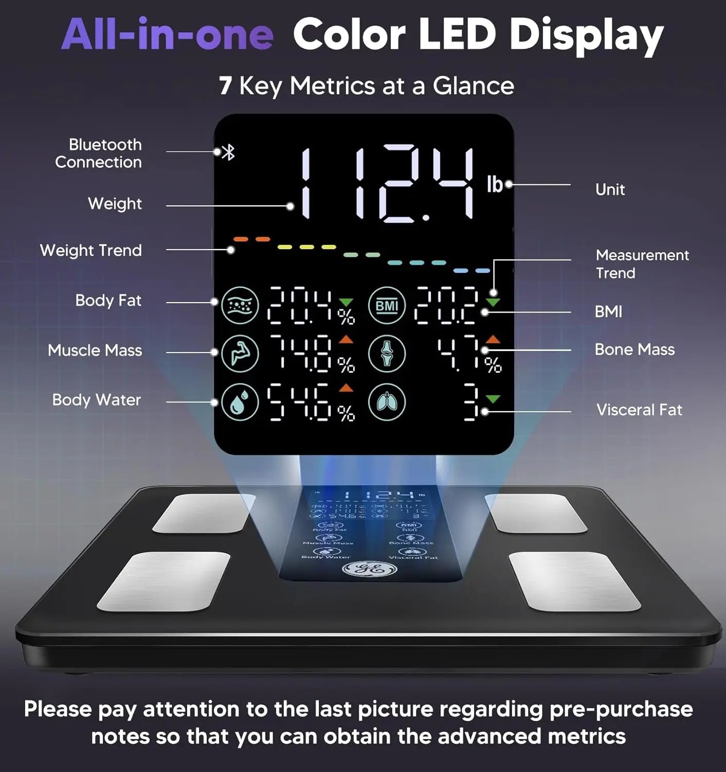 8-Electrode Smart Body Scale: Measures Weight, Fat, BMI, Muscle & 27 Metrics with Bluetooth for Accurate Health Tracking