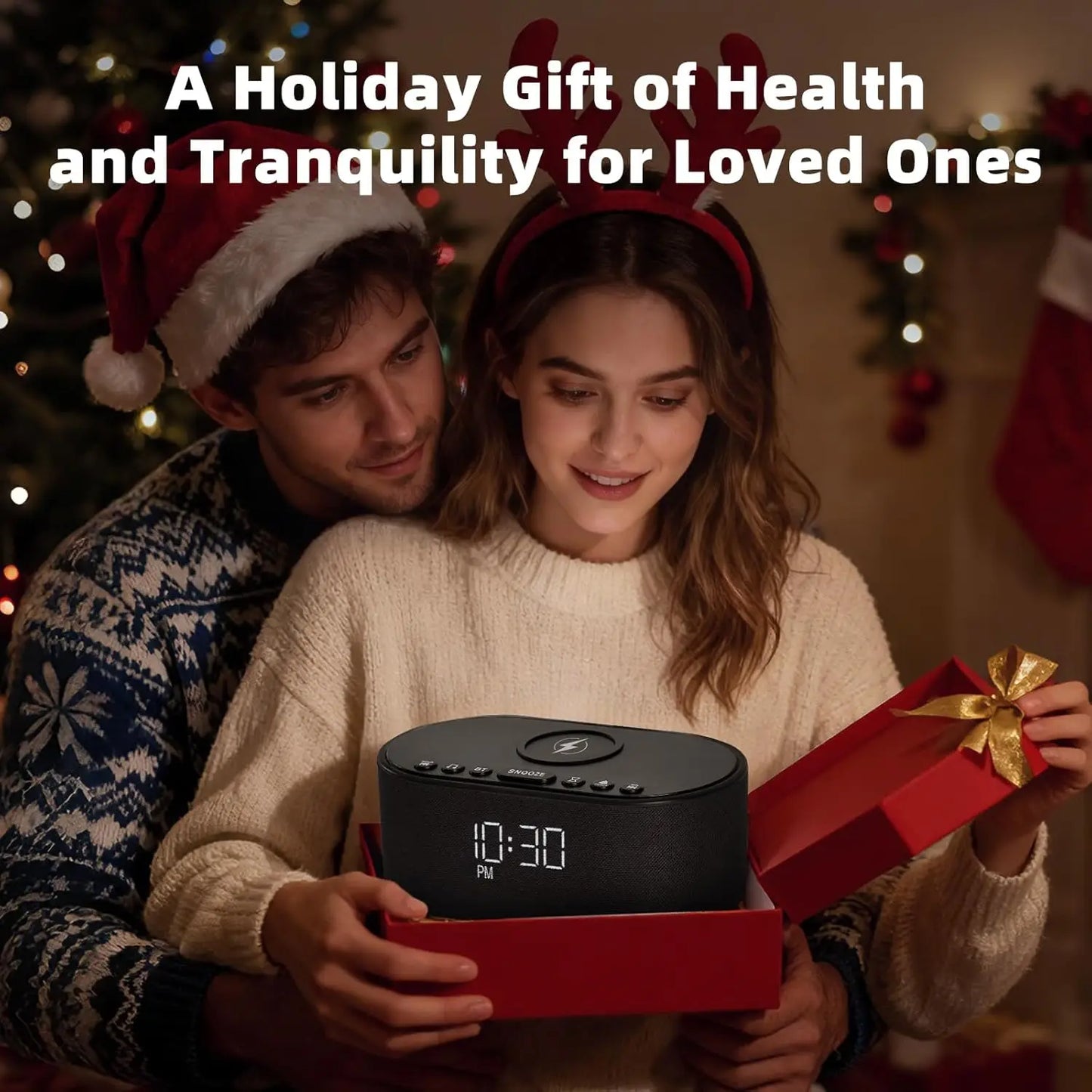 Bluetooth Alarm Clock with Wireless Charging: White Noise Machine for Sleep, 21 Soothing Sounds, 10W Stereo Speaker - Black