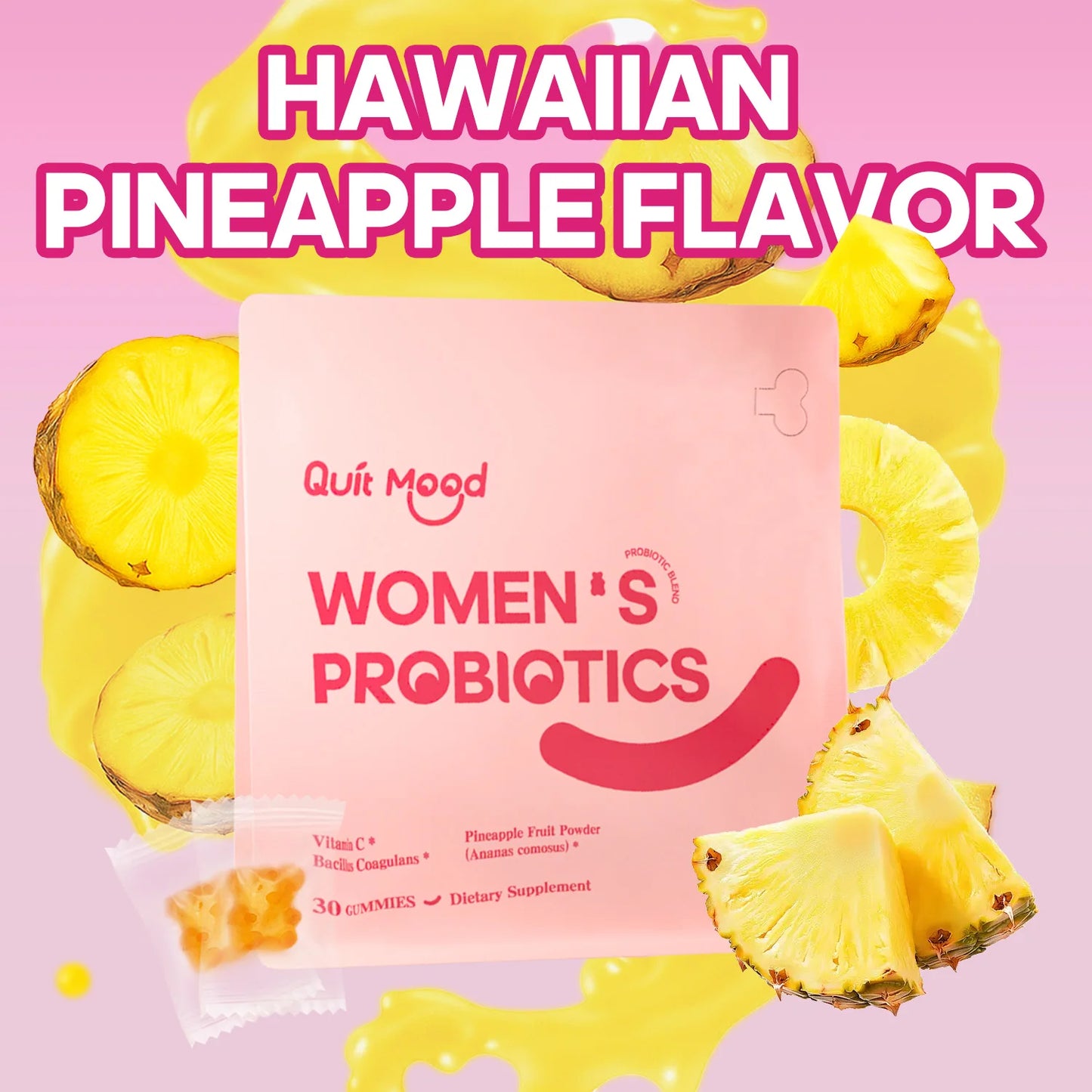 Quitmood Feminine Balance Gummies - Hawaiian Pineapple - Women's Probiotics- ph Balance - Individual Package - 30 Gummies