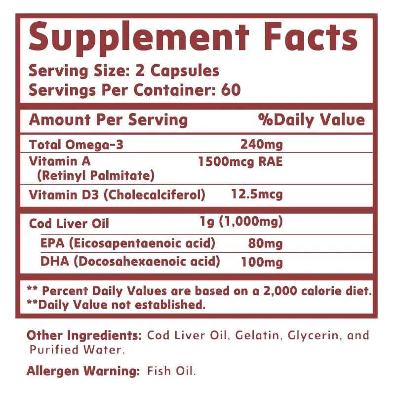 Cod Liver Oil - with Omega 3 EPA/DHA - for Heart Joint Brain & Immune Support - 120 Capsules