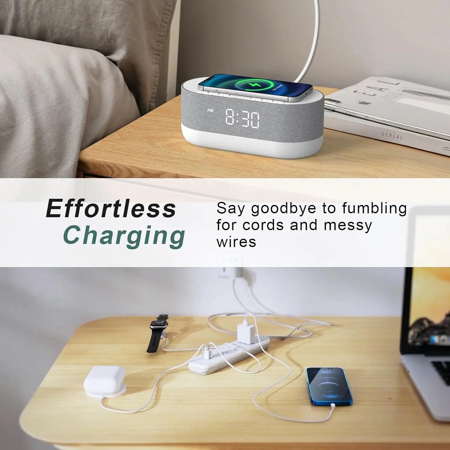 3-in-1 Sound Machine Alarm Clock with Wireless Charger: White Noise, Bluetooth Music & Custom Sleep-Wake Routine