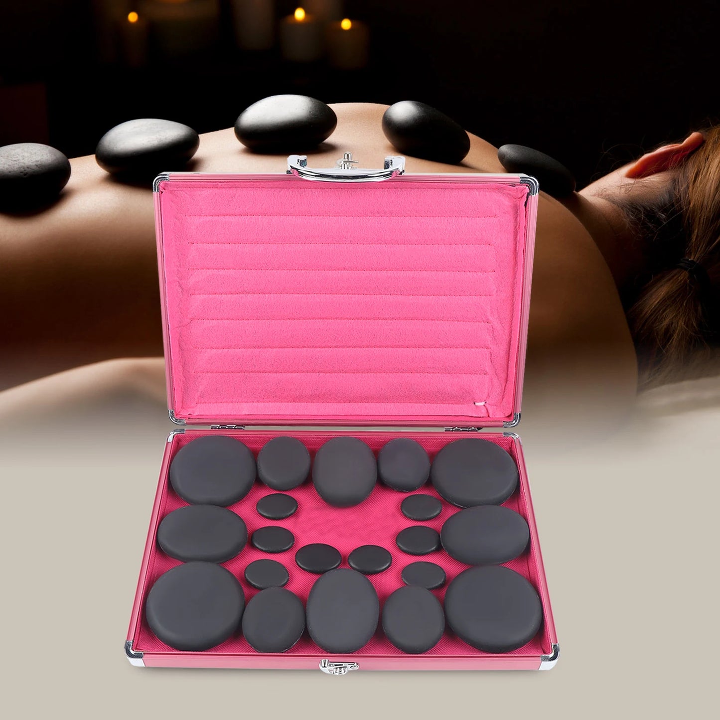 20 Pcs Hot Stones Massage Set with Heater Box 220V Basalt Massage Stones for Salon and Home Spa Use