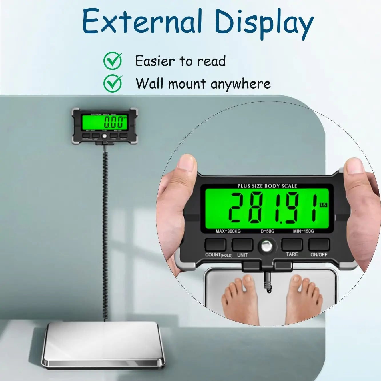 Extra Wide Digital Bathroom Scale for Plus Size and Seniors, 300kg Capacity with Wall-Mounted Display