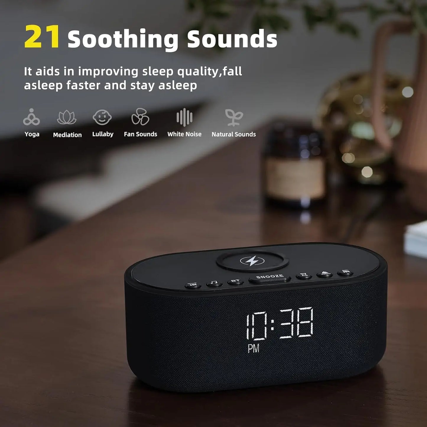 Bluetooth Alarm Clock with Wireless Charging: White Noise Machine for Sleep, 21 Soothing Sounds, 10W Stereo Speaker - Black