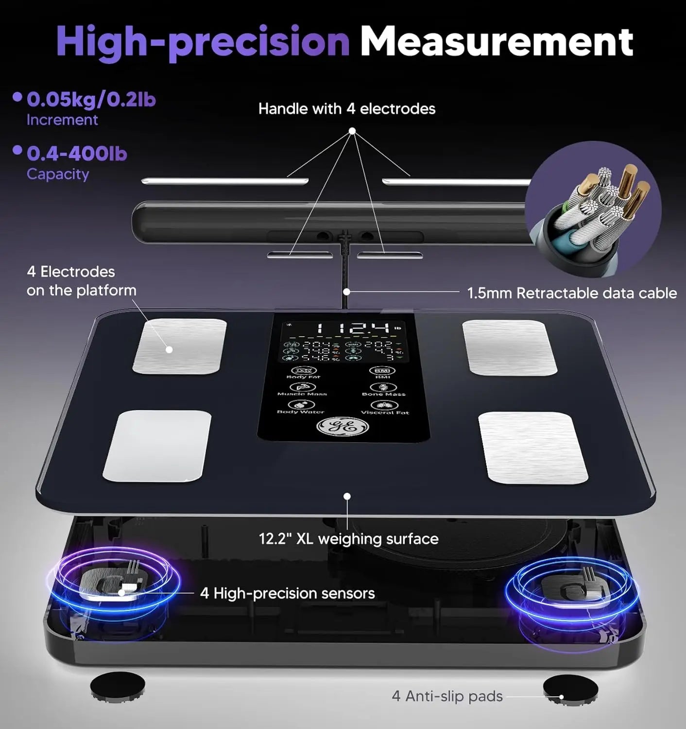 8-Electrode Smart Body Scale: Measures Weight, Fat, BMI, Muscle & 27 Metrics with Bluetooth for Accurate Health Tracking
