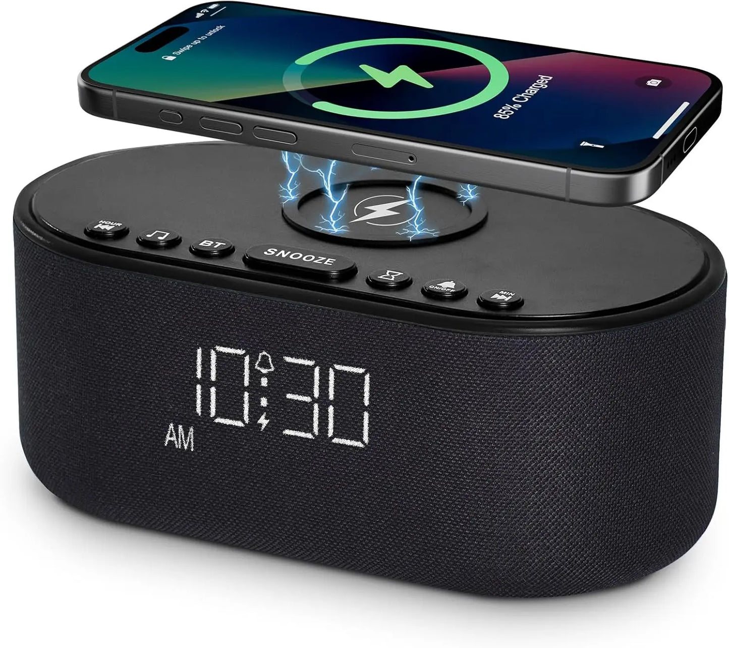 Bluetooth Alarm Clock with Wireless Charging: White Noise Machine for Sleep, 21 Soothing Sounds, 10W Stereo Speaker - Black